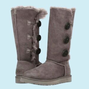 UGG Triple Bailey Button Knee High Fur Leather Boots Gray Sheepskin Size 9
